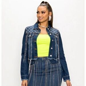 Ladies DENIM BLVD NWT Rhinestone Tassel Distressed Cropped Jacket SMALL
